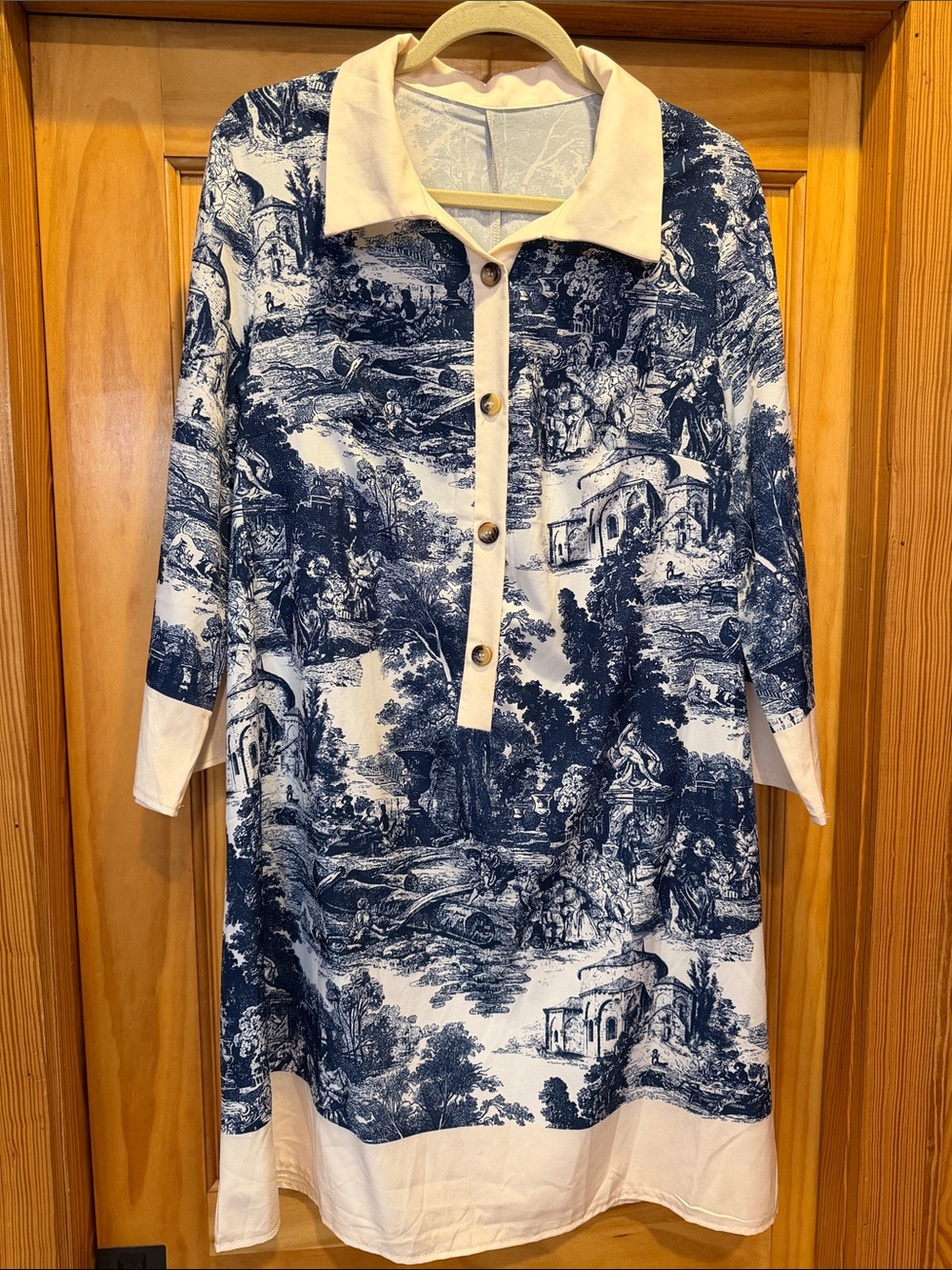 Blue & Cream Toile Button-Front Shirt Dress